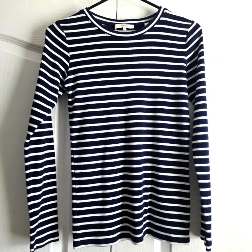 Vince Womens Long Sleeve Striped Shirt Cotton White Blue Preppy Coastal Sz M